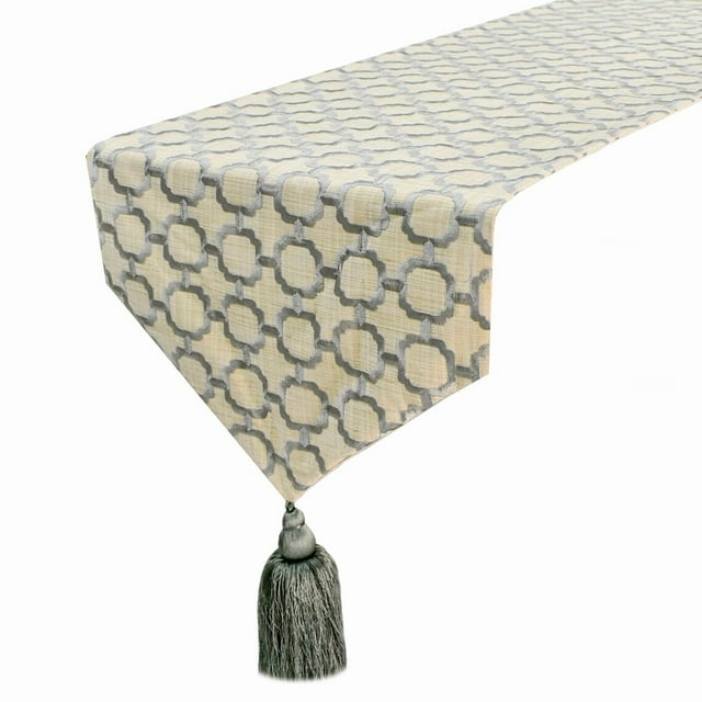 The HomeCentric Decorative Grey Table Runner 8 Seater Table Runner (16 x 108 inch) Embroidery & Lattice Table Runner, Linen fabric Table Linen, Geometric Modern - Geometrix Threads