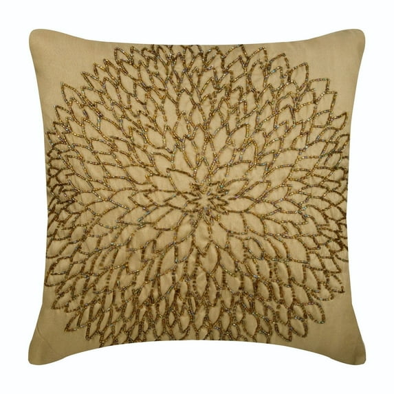 The HomeCentric Decorative Pillow Covers Gold Accents Beaded Medallion Flower Pillows Cover Pack of 2 14x14 inch (35x35 cm) Decorative Pillow Covers Square Silk Pillowcase Floral - Gold Blossomings