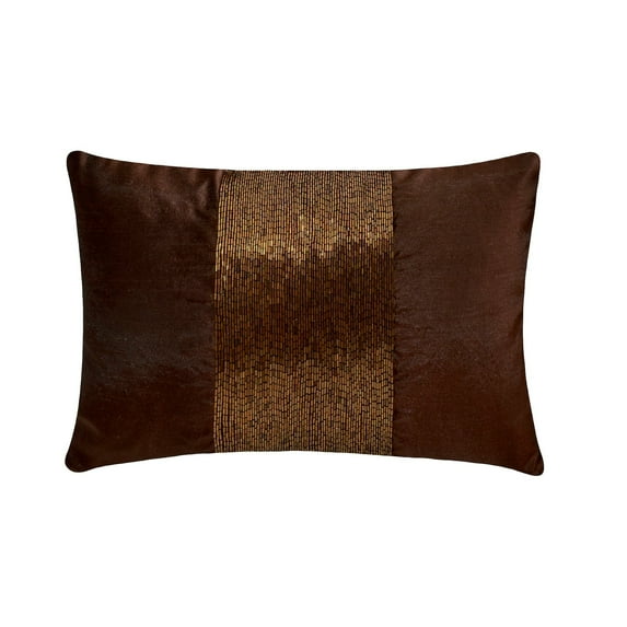 The HomeCentric Designer Brown 12"x20" (30x50 cm) Lumbar Pillow Cover, Silk Beaded Oblong Pillow, Solid Pattern Modern Style - Brown Center