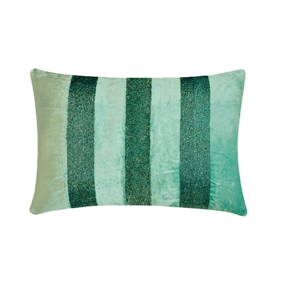 The HomeCentric Designer Teal Blue 12"x22" (30x55 cm) Lumbar Pillow Cover, Velvet Beaded & Velvet Oblong Pillow, Striped Pattern Modern Style - Sparkling Stripe Teal
