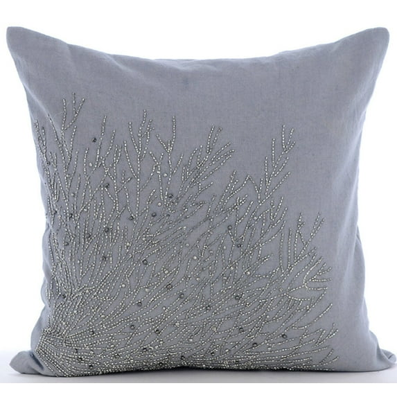 The HomeCentric Euro Sham Pillow, Decorative Gray Euro Size Pillow Shams Pack of 2, 26x26 inch (65x65 cm) Linen Euro Size Pillow Covers, Nature & Floral, Beaded, Euro Sham Covers - Silver Shrub
