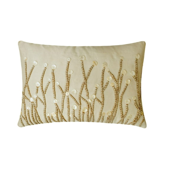 The HomeCentric Ivory Lumbar Pillow Cover, Jute and Mother Of Pearls Farm Design Lumbar Pillow Cover, Pack of 2, 12"x24" (30x60 cm) Lumbar Pillow Cover, Rectangle Silk Lumbar Pillow Cover - Amour