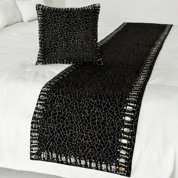 The HomeCentric King / Queen / Twin Black Decorative Full 68"x18" Bed Runner With 2 Pillow Cover, Mosaic & Crystal Bed Scarf on Velvet fabric - Mosaic Noir