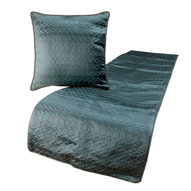 The HomeCentric King Queen Twin Blue Decorative King 90"x18" Bed Runner With 2 Pillow Cover, Hexagon Pattern Bed Scarf on Jacquard fabric - Hexagon Lagoon