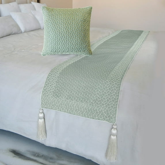 The HomeCentric King / Queen / Twin Blue Designer King 90"x18" Bed Runner With 2 Pillow Cover, Mosaic, Bead Embroidery, Handmade, Tassels Bed Scarf on Jacquard fabric - Tessellation Blue