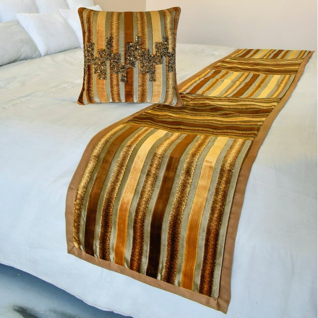 The HomeCentric King / Queen / Twin Gold & Brown Decorative CA King 86"x18" Bed Runner WITH One Pillow Cover, Striped, Beadwork & Handmade Bed Scarf on Velvet fabric - Streamlined