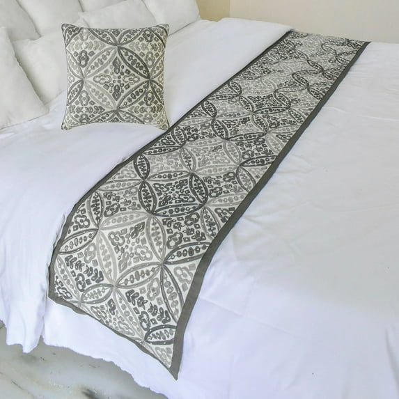 The HomeCentric King / Queen / Twin Gray Designer CA King 86"x18" Bed Runner WITH One Pillow Cover, Moroccan, Pearl, Geometric & Embroidered Bed Scarf on Embroidered fabric - Meryem