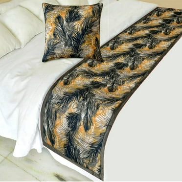 The HomeCentric King / Queen / Twin Green Decorative Bed Runner Twin 53"x18" Bed Runner WITHOUT Pillow Cover, Palms, Quilted Bed Scarf on Satin fabric - Mystic Palms