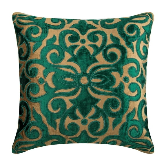 The HomeCentric Pearl Beige Pillow case Velvet Applique Art Pillow Cover Pack of 2 14x14 inch (35x35 cm) Pillow Cover Square Velvet Throw Pillow Cover Floral Moroccan Easter - Loyal To Peacock Green