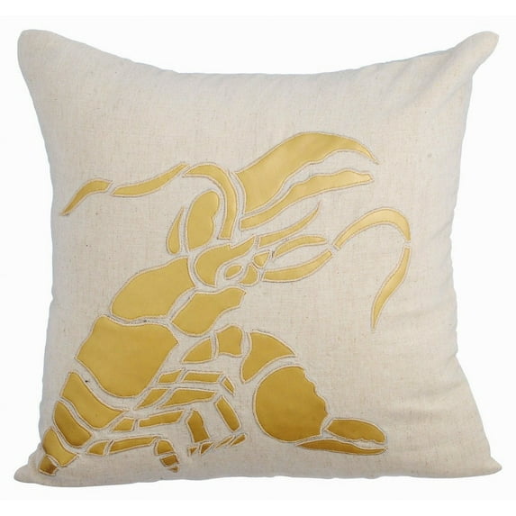 The HomeCentric Pillow Case Beige Pillow Shams Sea Creatures Ocean Beach Theme Metallic Faux Leather Applique Pillow Sham Pack of 2 24x24 inch (60x60 cm) Pillow Sham Square Cotton Linen - Gold Lobster