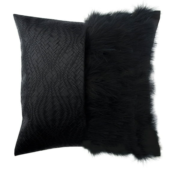 The HomeCentric Pillow Case, Decorative Black Pack of 2, 14x14 inch (35x35 cm) Throw Pillow Covers, Faux Leather & Feather, Patchwork Throw Pillows, Solid Color Halloween Decorations - Furry World