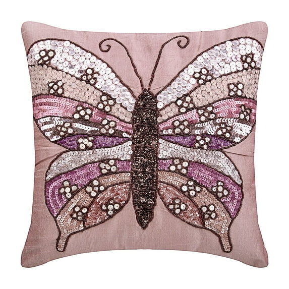 The HomeCentric Pillow Case, Pink Pillow Cover, Floral Pillow Cases, Pack of 2, 12x12 inch (30x30 cm) Pillows Cover, Art Silk Square Pillow Cases, Sequins & Beaded Butterfly, Birds - Butterfly Love