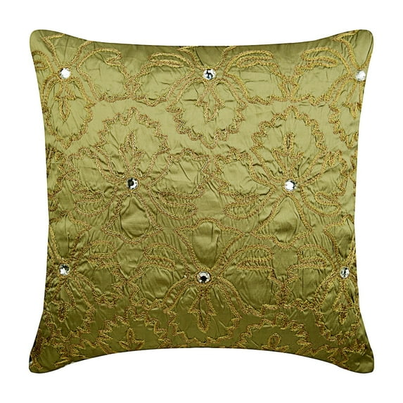 The HomeCentric Pillow Cover Earthy Green Designer Pillow Covers Pack of 2 16x16 inch (40x40 cm) Silk Pillowcase With Zipper Nature & Floral Zardozi Crystal Traditional Accent - Flower Jewel