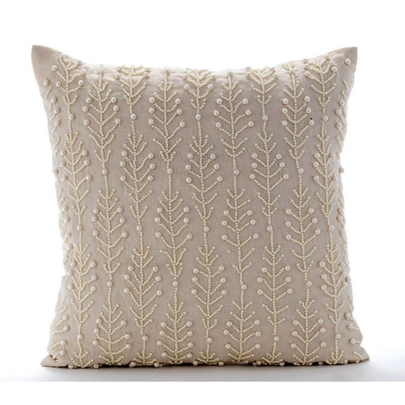 The HomeCentric Pillow Cover, Pack of 2, 22x22 inch (55x55 cm Beige Pillow Cover, Pearls Leaf Flowers Floral Theme Pillow Cover, Cotton Linen Square Throw Pillow Cover, Floral - Pearl Essence