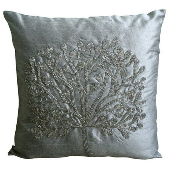 The HomeCentric Pillow Cover, Silver Accent Pillows Pack of 2, 16x16 inch (40x40 cm) Silk Pillowcase With Zipper, Nature & Floral, Tree, Beaded, Cushion Cover - The Silver Tree