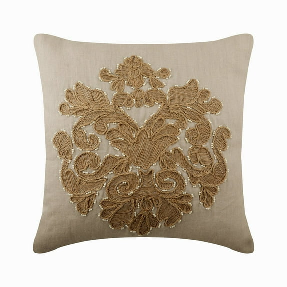 The HomeCentric Pillow Covers, Decorative Beige Pack of 2, 20x20 inch (50x50 cm) Pillow Covers, Linen Jute Embroidery & Pearl Throw Pillow Covers, Damask Pattern Modern Style Easter - Jutty Damask