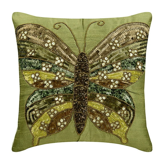 The HomeCentric Pillow Covers, Olive Green Pillow Cases, Butterfly Theme Sequins Beaded Pillows Cover, Pillow Covers Pack of 2, 20x20 inch (50x50 cm) Floral Pillow Covers, Square Silk - Butterfly Envy