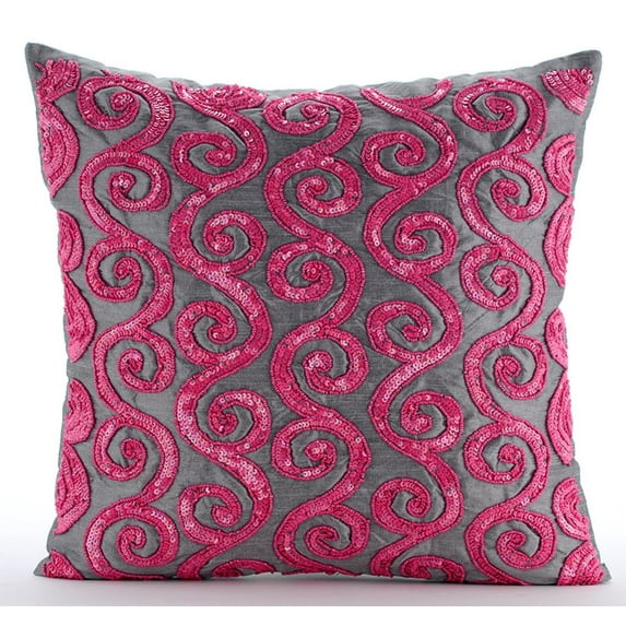 The HomeCentric Pink Decorative Pillow Cover Beaded Fuchsia Pink Scroll Pillow Cover Pack of 2 20x20 inch (50x50 cm) Throw Pillow Cover Geometric Art Deco Throw Pillow Cover Silk - Pink Sugar Scroll