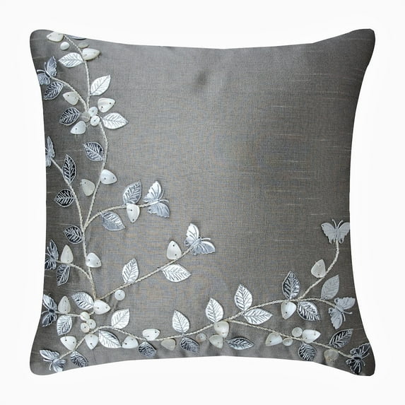 The HomeCentric Silver Shams, Faux Leather and Pearl Leaves Pillow Shams, Pack of 2, 24x24 inch (60x60 cm) Pillow Sham, Square Silk Pillow Shams, Contemporary Pillow Shams, Floral - Silver Beauty