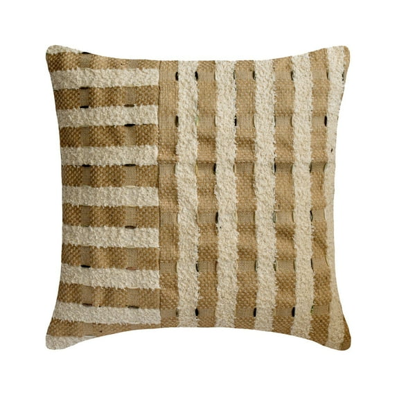 The HomeCentric Sofa Cushion Cover, Beige Pack of 2, 24x24 inch (60x60 cm) Accent Cushion Covers, Jute Jute & Patchwork Throw Pillows For Sofa, Striped Pattern Contemporary Style Easter - Tuej