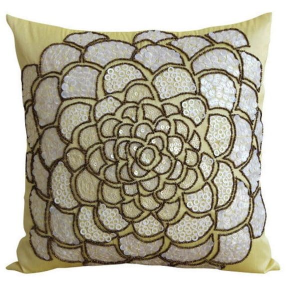The HomeCentric Throw Pillow Covers Yellow Pillow case Sequins Flower Floral Theme Pillow Cover Pillow CoverPack of 2 14x14 inch (35x35 cm) Square Silk Pillowcase Floral Art Deco - White Wildflower