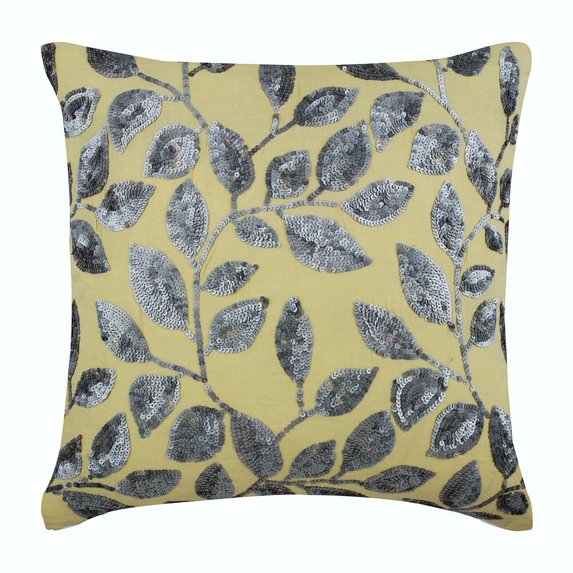The HomeCentric Yellow Pillows Cover, Sequins Leaves Garden Throw Pillows Cover, Pack of 2, 14x14 inch (35x35 cm) Throw Pillow Covers, Square Cotton Linen Pillows Cover, Floral Easter - Silver Meadow