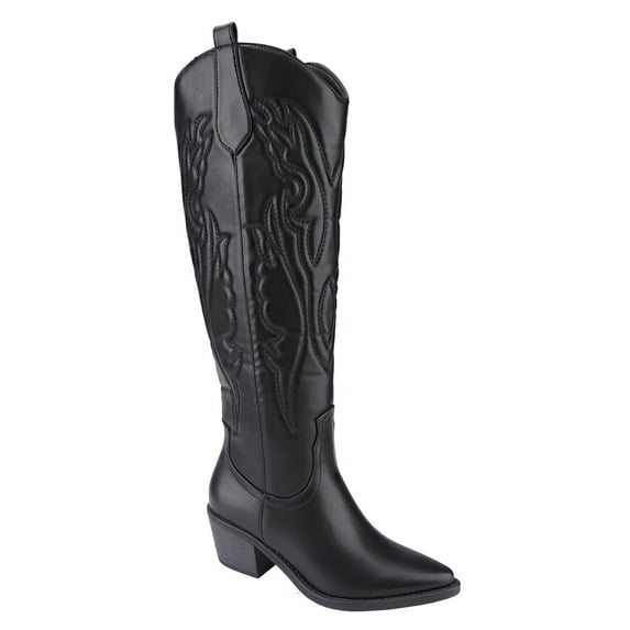 The Hometown Boot - Chic Cowboy Boots for Women - Knee High with Elegant Embroidery, Available in Black and White