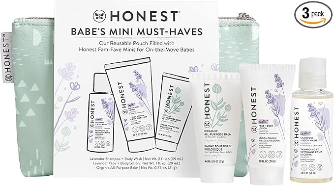 The Honest Company Babe's Mini Must Haves Gift Set | Travel Size Lavender Shampoo + Body Wash (2 fl oz), Face + Body Lotion (1 fl oz), Organic All Purpose Balm (.75 oz), Reusable Pouch