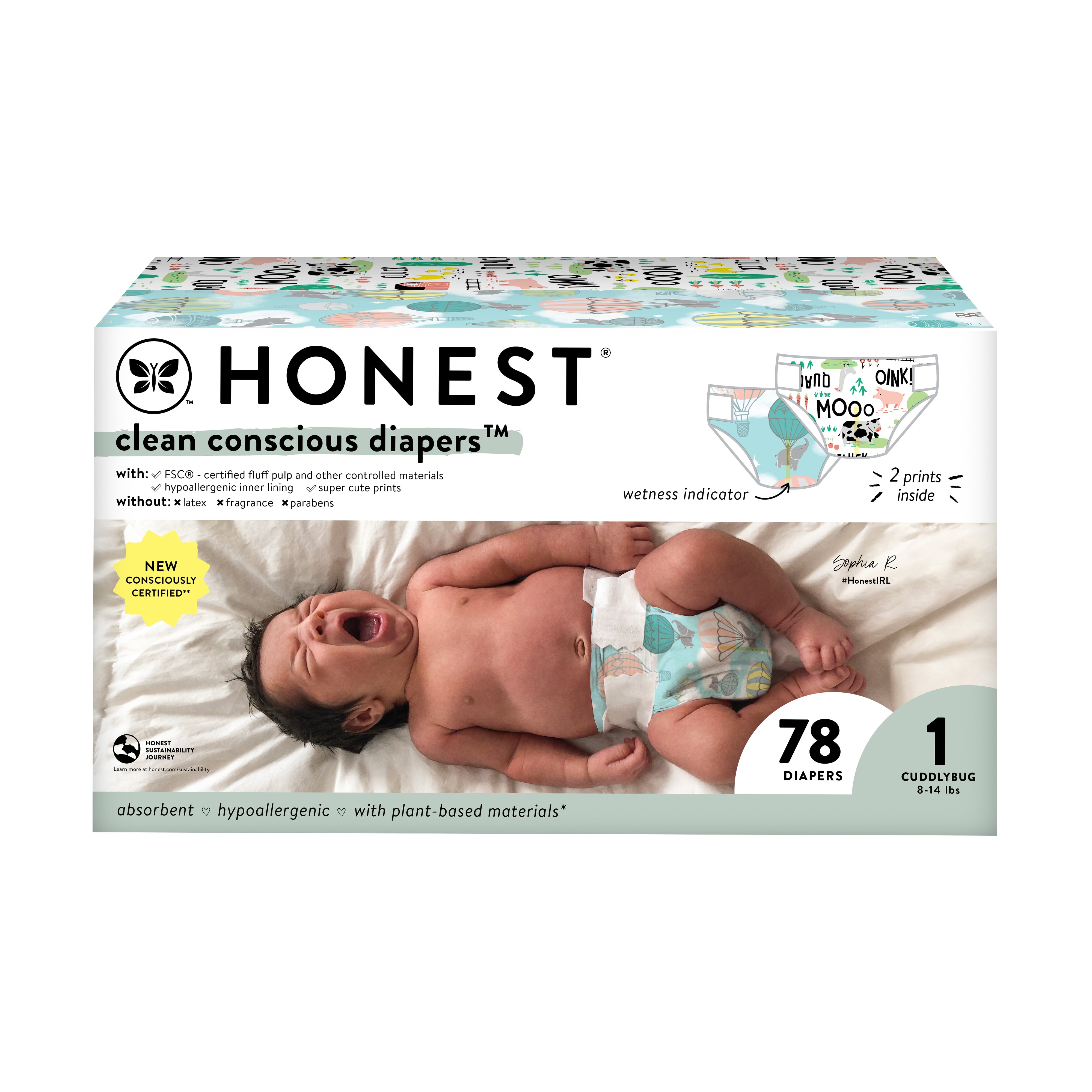 The Honest Company, Clean Conscious Diapers, Above It All + Barnyard Babies, Size 1, 78 Count Club Box