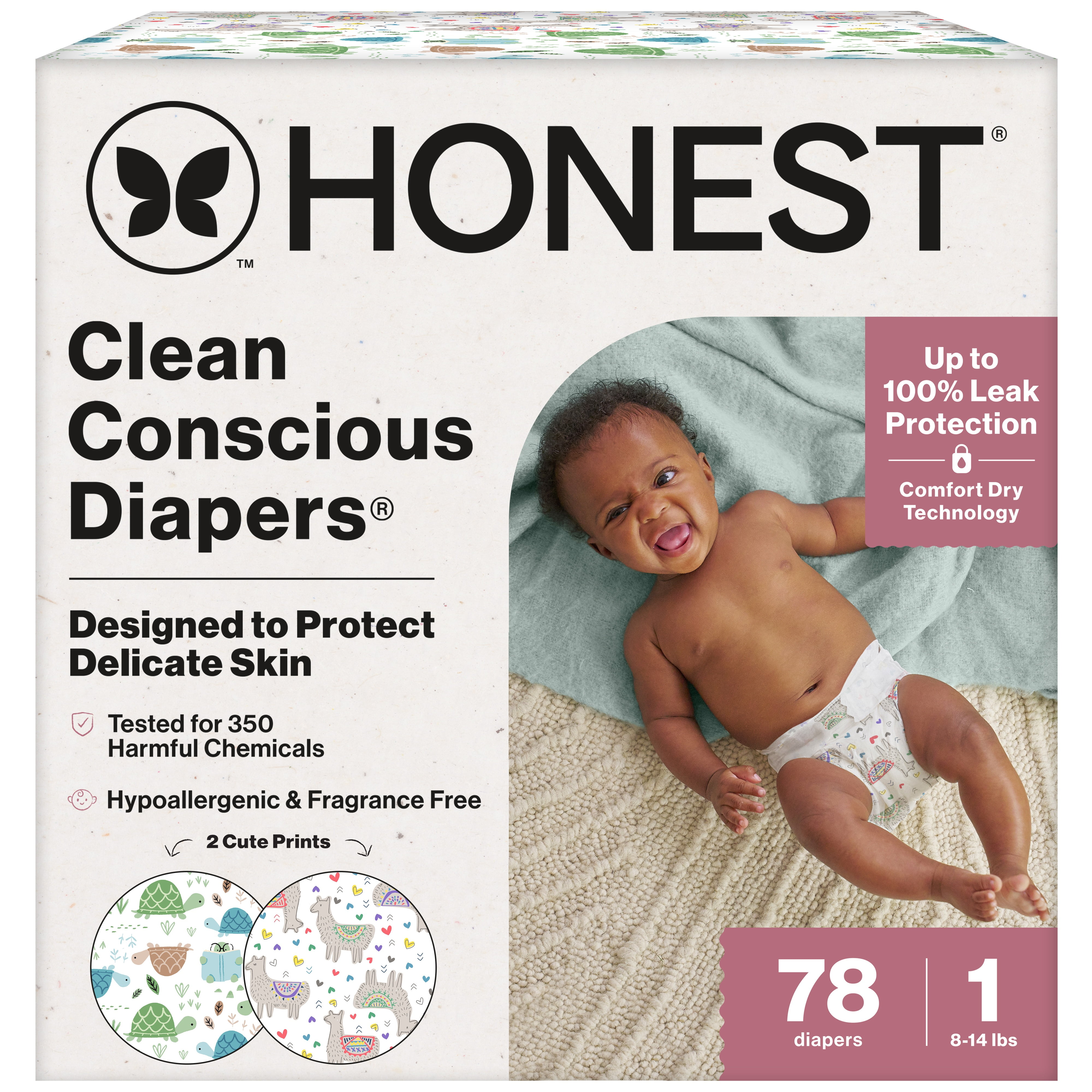 The Honest Company Clean Conscious Diapers Up to 100% Leak Protection Designed to Protect Delicate Skin Hypoallergenic + Fragrance Free All the Alpacas + Turtle Time, Size 1, 78 Count