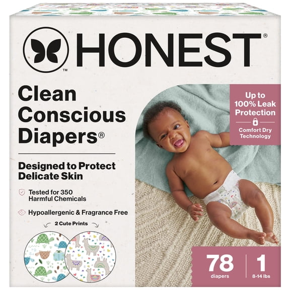 The Honest Company Clean Conscious Diapers® | Up to 100% Leak Protection I Designed to Protect Delicate Skin Hypoallergenic + Fragrance Free All the Alpacas + Turtle Time, Size 1, 78 Count Club Box