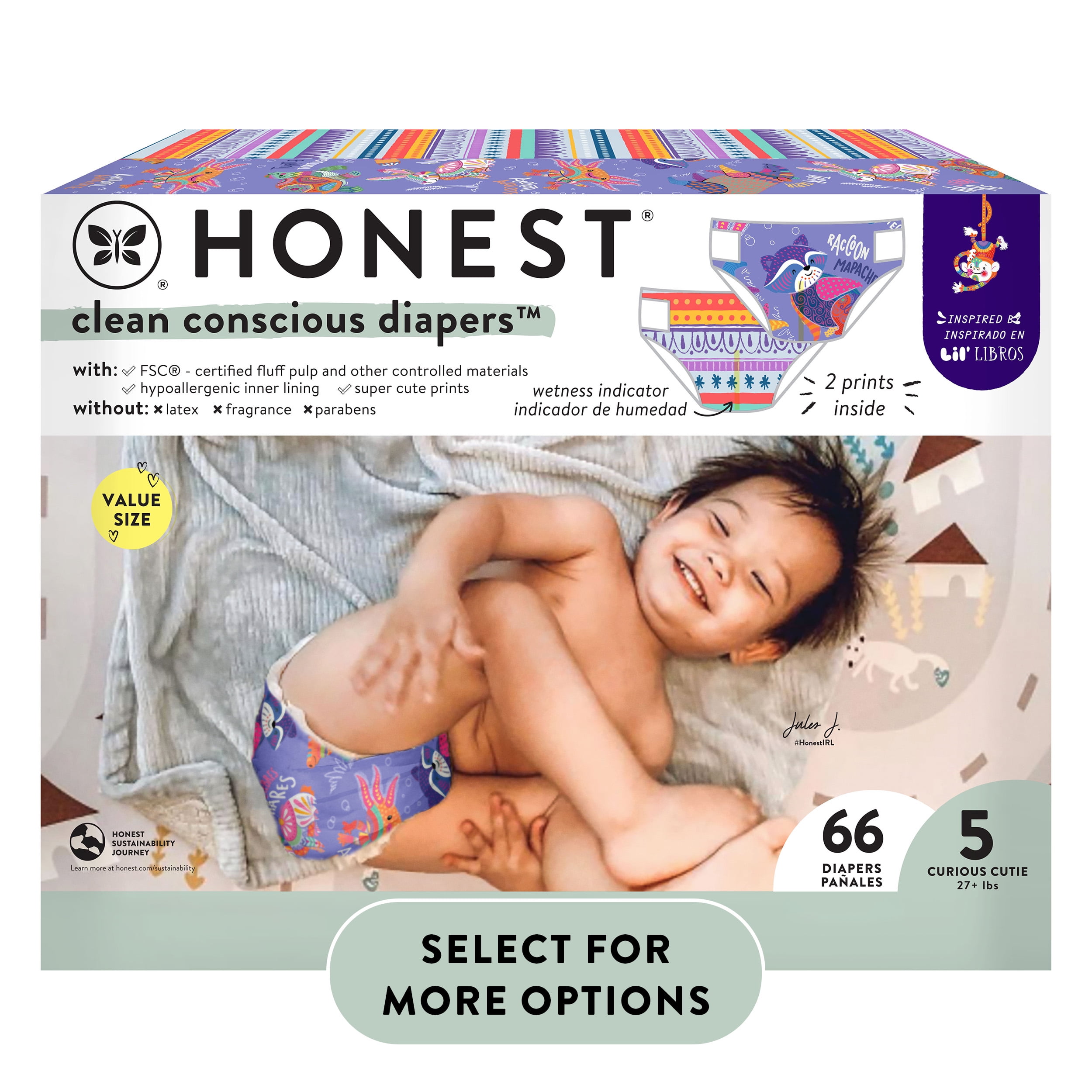 The Honest Company, Clean Conscious Diapers™, Alebrijes Magicos + Colores Misticos, Size 5, 66 Count Large Box