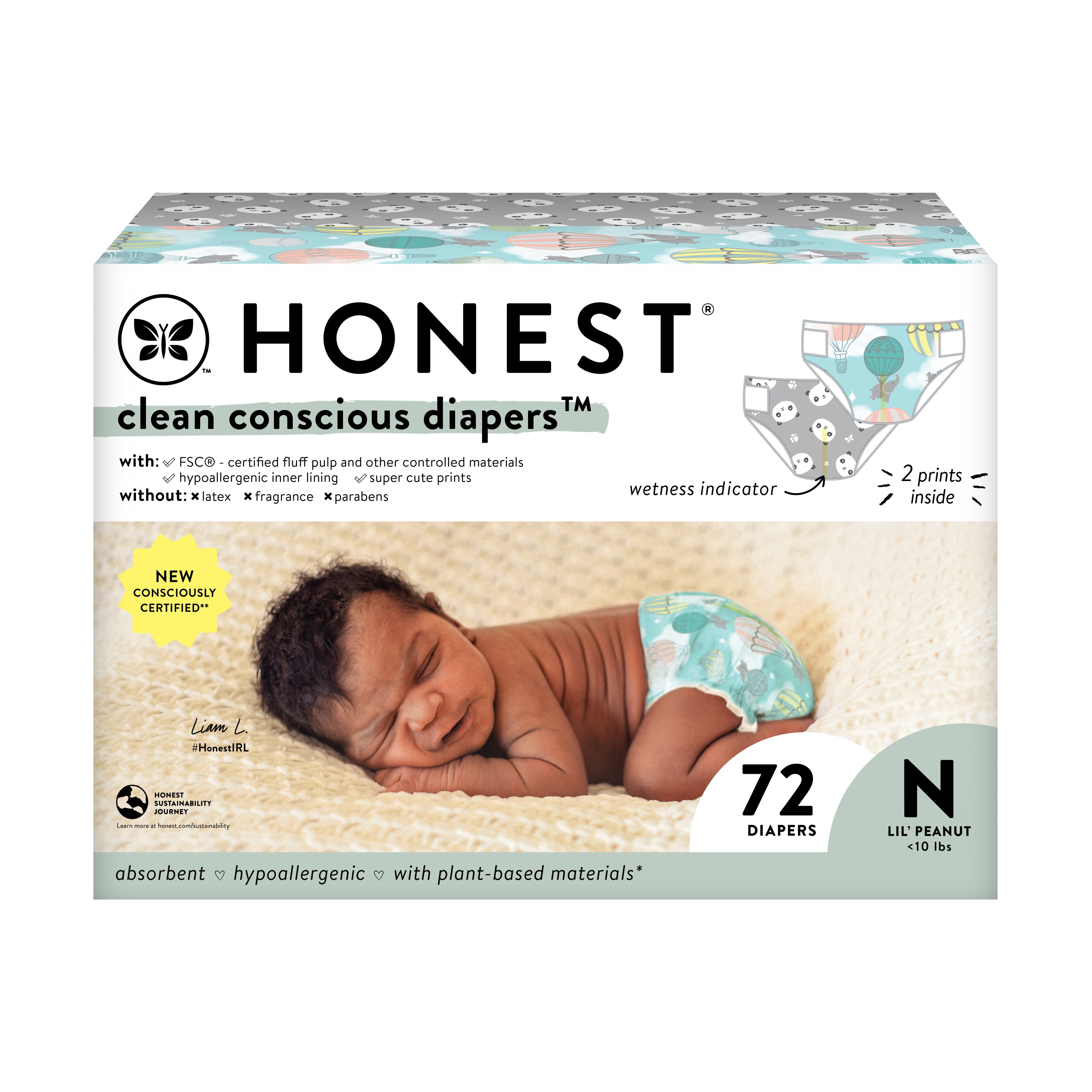 The Honest Company, Clean Conscious Diapers, Above It All + Pandas, Size NB, 72 Count Club Box