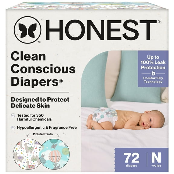 The Honest Company Clean Conscious Diapers® Up to 100% Leak Protection Designed to Protect Delicate Skin Hypoallergenic + Fragrance Free Above It All + All the Alpacas, Size NB, 72 Count