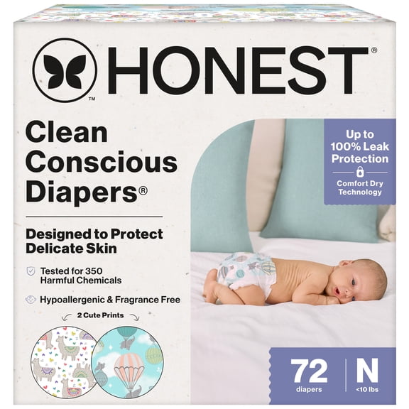 The Honest Company Clean Conscious Diapers® | Up to 100% Leak Protection I Designed to Protect Delicate Skin Hypoallergenic + Fragrance Free Above It All + All the Alpacas, Size NB, 72 Count Club Box