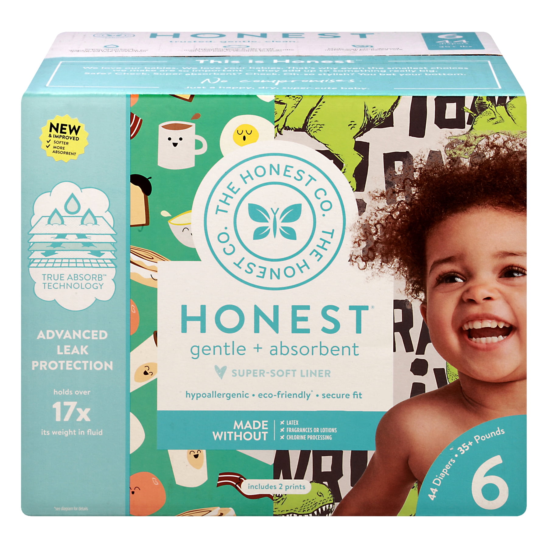 The Honest Company Club Box Diapers with TrueAbsorb Technology, T-Rex & Breakfast, Size 6, 44 Count