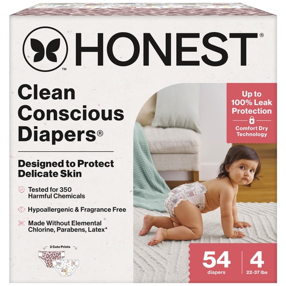 The Honest Company Clean Conscious Diapers for Sensitive Skin, Up to 100% Leakproof , Hypoallergenic, Fragrance Free, Gender Neutral, Club Box, Size 4 (22-37 lbs), 54 Count (Prints May Vary)