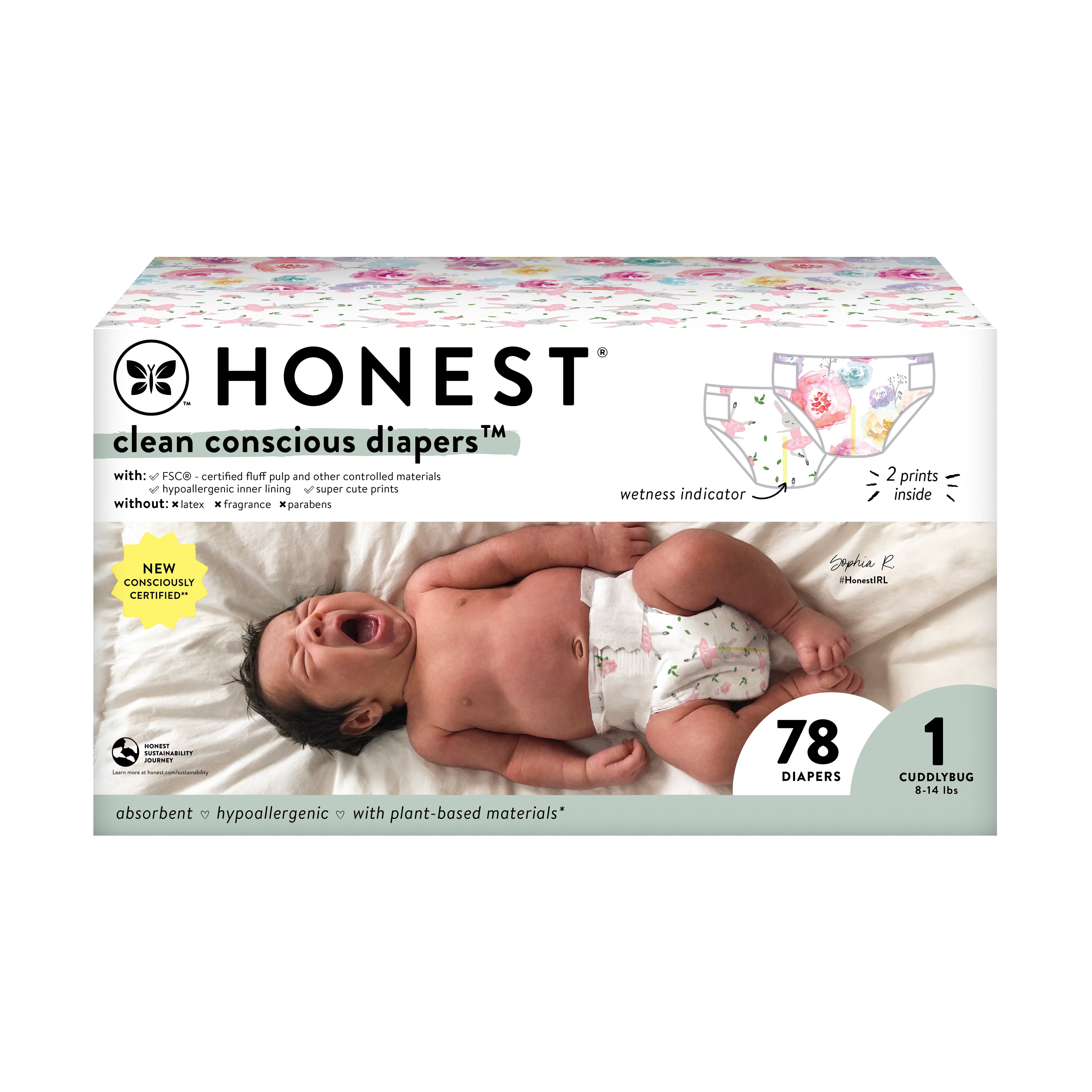 The Honest Company, Clean Conscious Diapers, Rose Blossom + Tutu Cute, Size 1, 78 Count Club Box