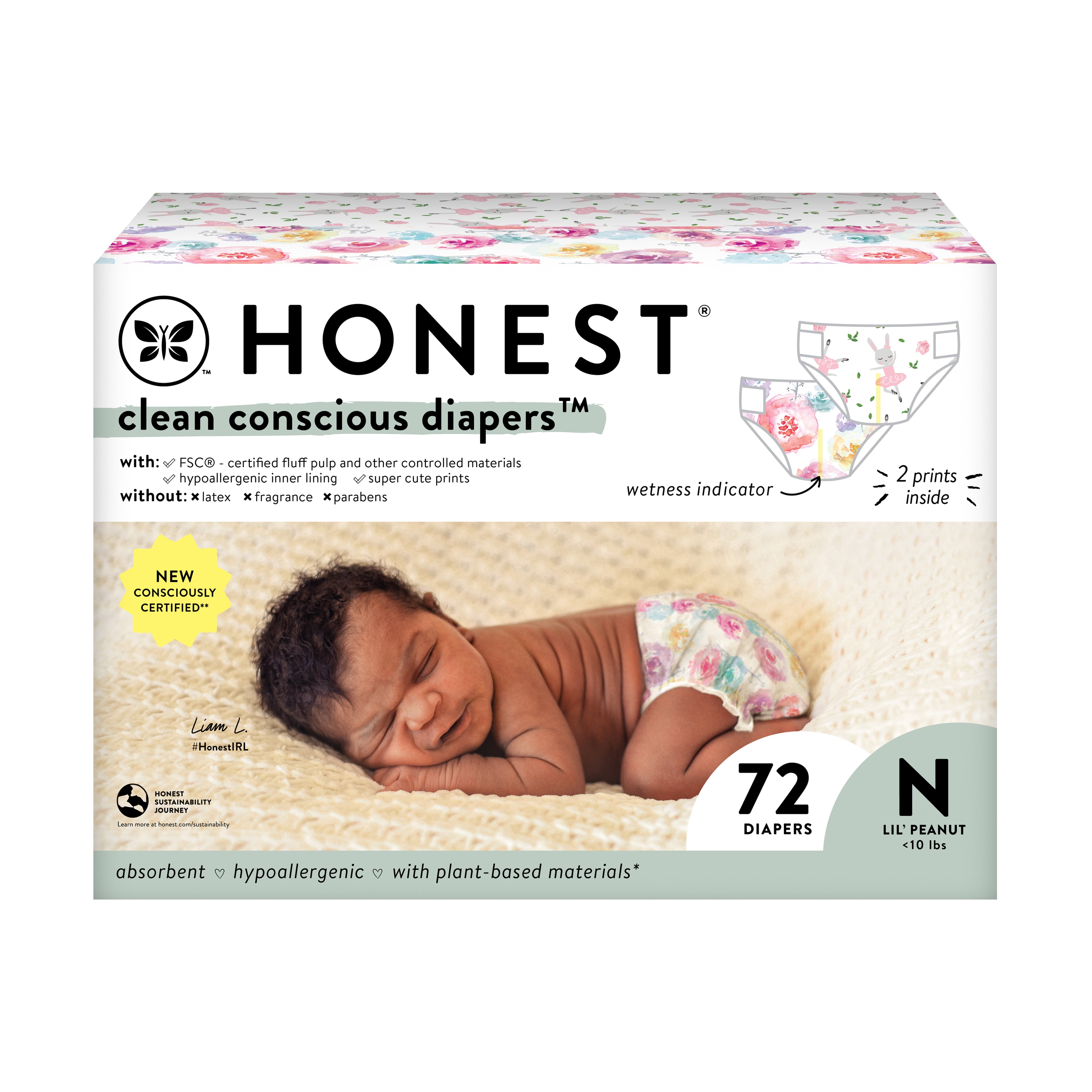 The Honest Company, Clean Conscious Diapers, Rose Blossom + Tutu Cute, Size NB, 72 Count Club Box