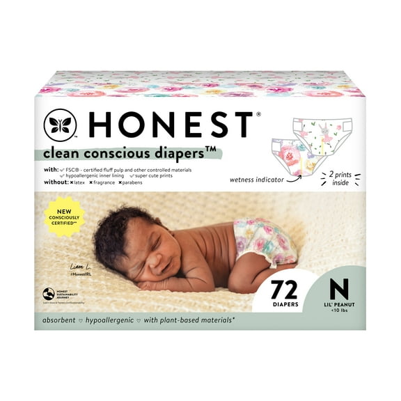 The Honest Company Clean Conscious Diapers® Up to 100% Leak Protection Designed to Protect Delicate Skin Hypoallergenic + Fragrance Free Rose Blossom + Tutu Cute, Size NB, 72 Count