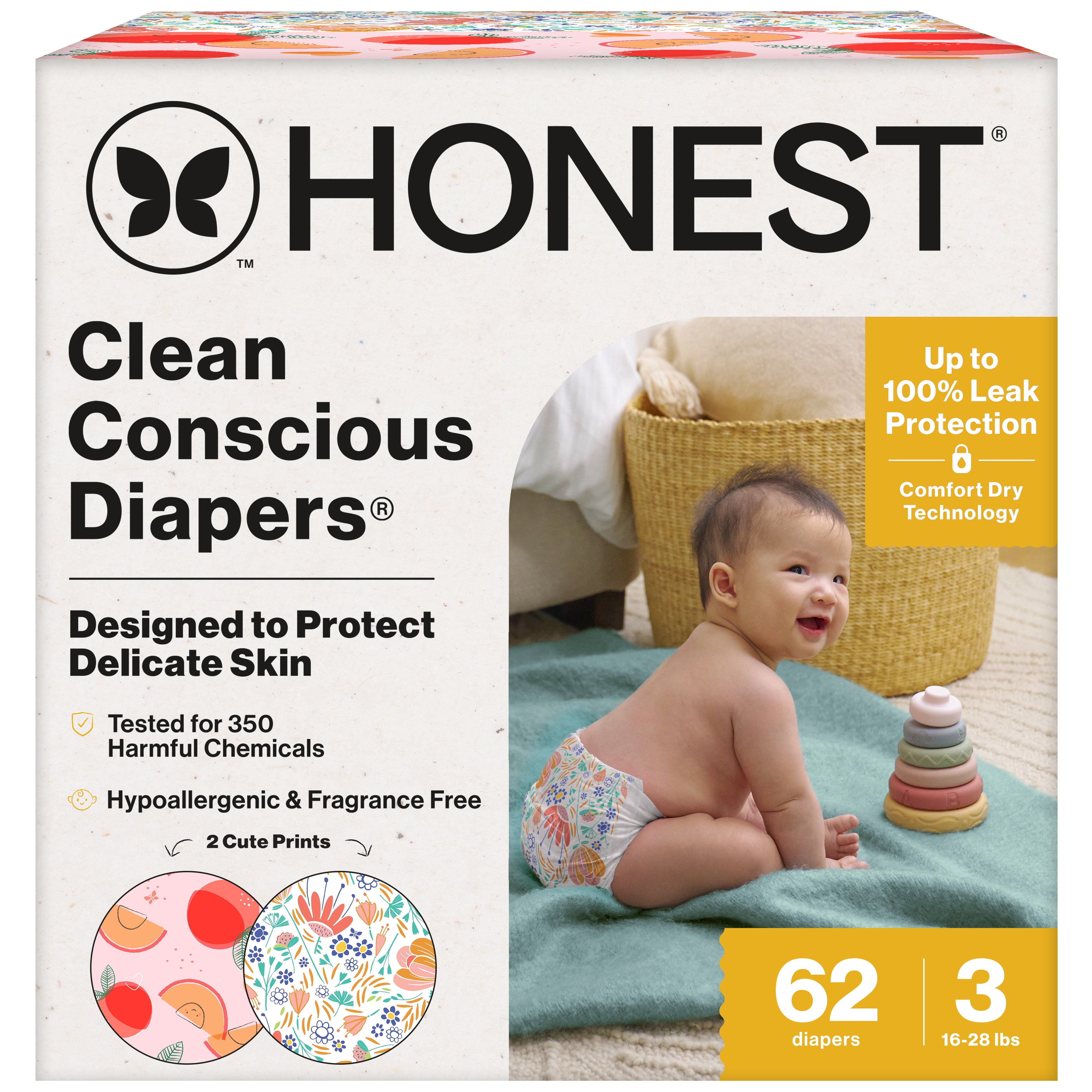 The Honest Company Clean Conscious Diapers Up to 100% Leak Protection Designed to Protect Delicate Skin Hypoallergenic + Fragrance Free Just Peachy + Flower Power, Size 3, 62 Count