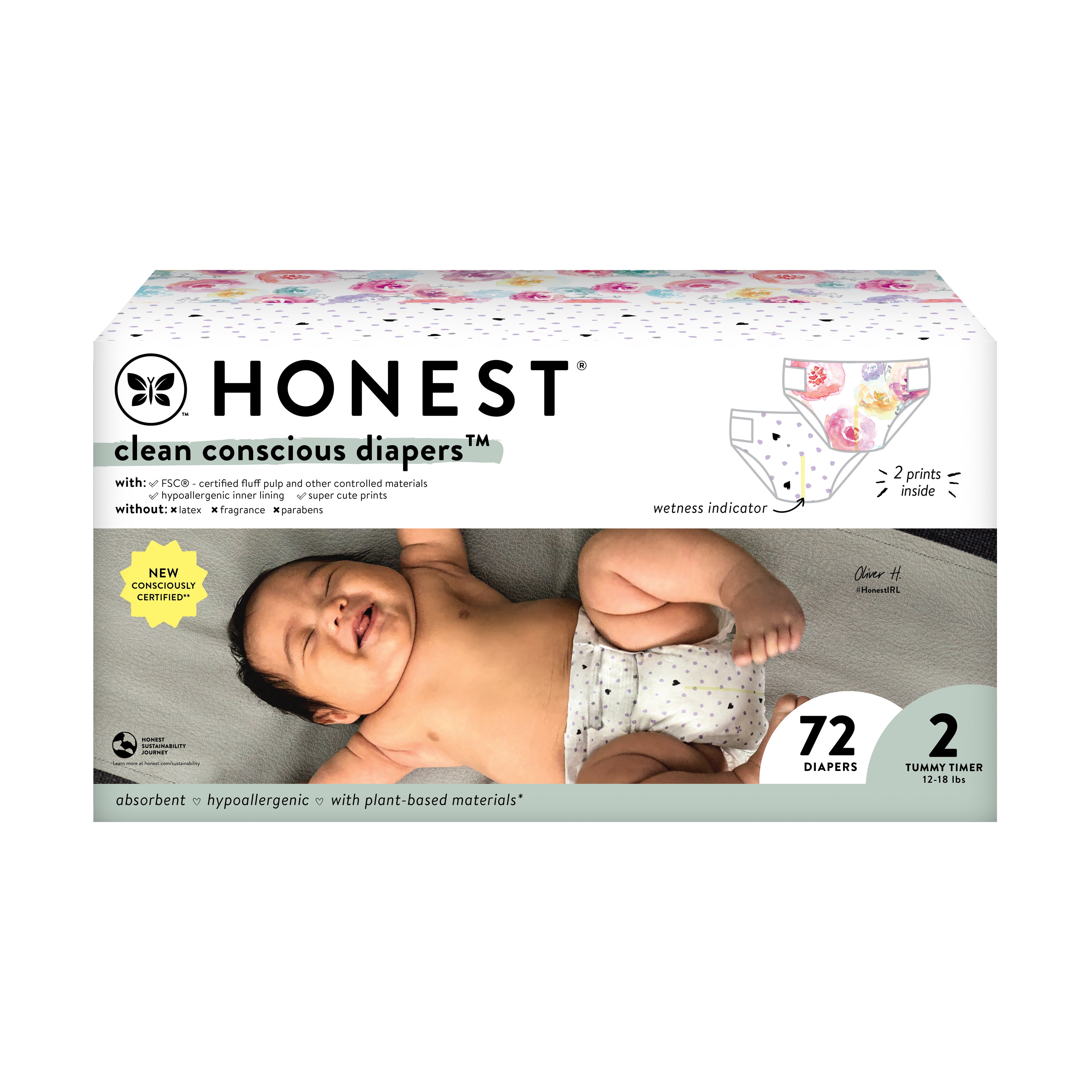 The Honest Company, Clean Conscious Diapers, Young at Heart + Rose Blossom, Size 2, 72 Count Club Box