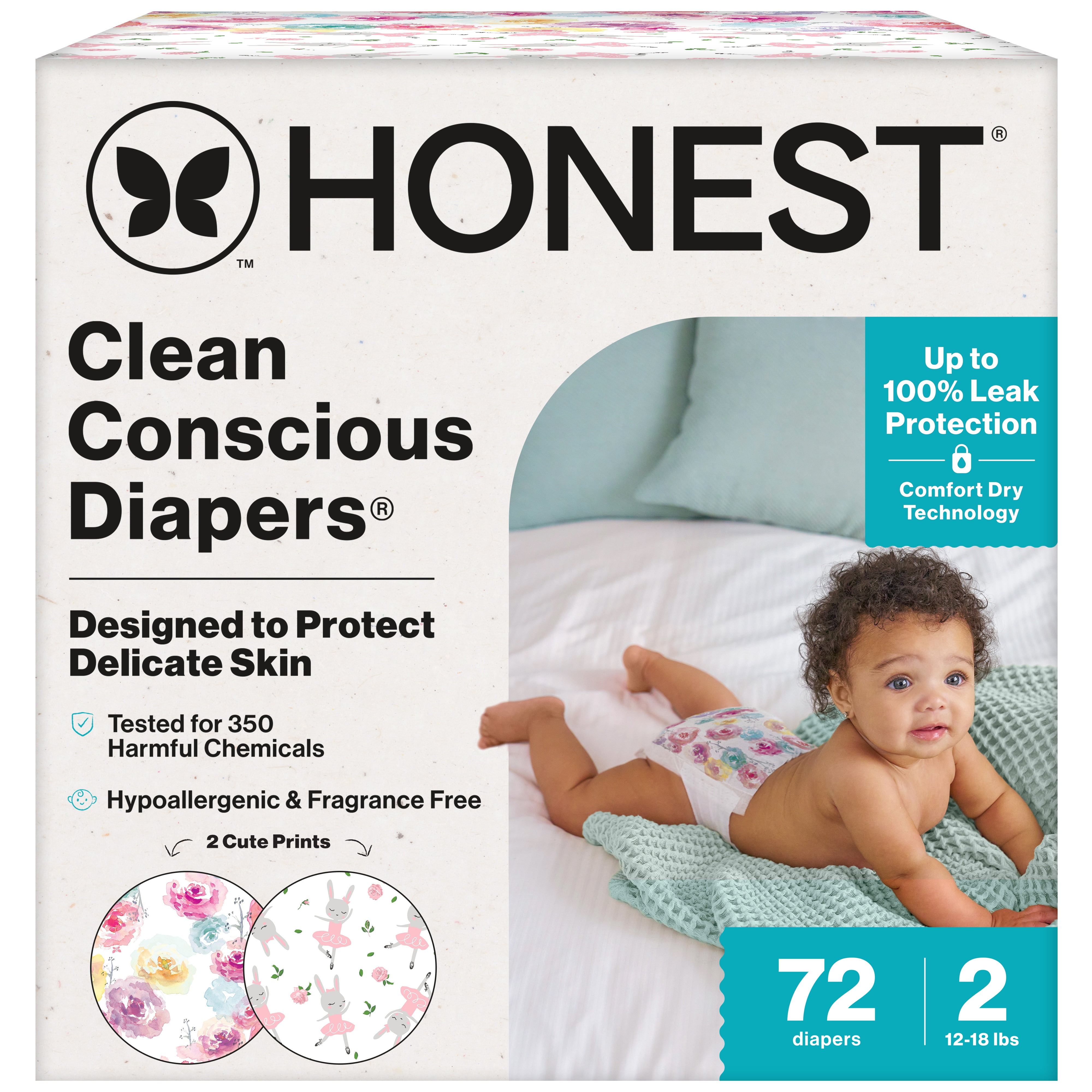 The Honest Company Clean Conscious Diapers Up to 100% Leak Protection Designed to Protect Delicate Skin Hypoallergenic + Fragrance Free Tutu Cute + Rose Blossom, Size 2, 72 Count
