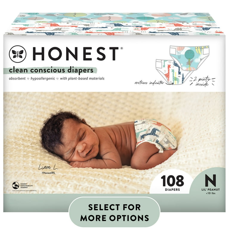 The Honest Company, Clean Conscious Disposable Baby Diapers, Above It All &  Giraffes Prints, Size NB, 108 Count (Select for More Options) 