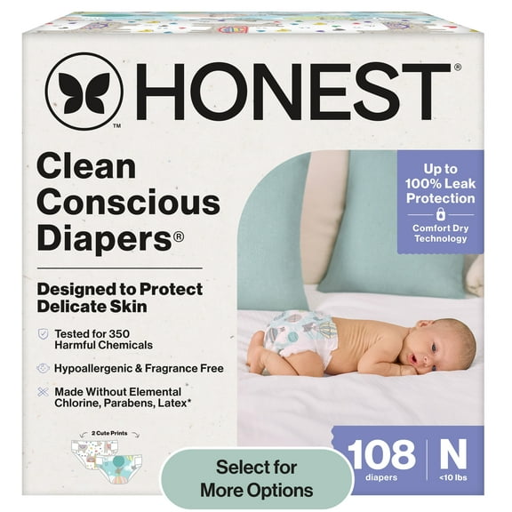 Honest® Clean Conscious Baby Diapers Size Newborn (<10 lbs), Hypoallergenic and Plant Based, 108 Count