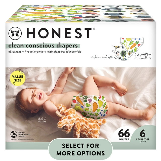 The Honest Company, Clean Conscious Disposable Baby Diapers, All The Letters & So Delish Prints, Size 6, 66 Count (Select for More Options)