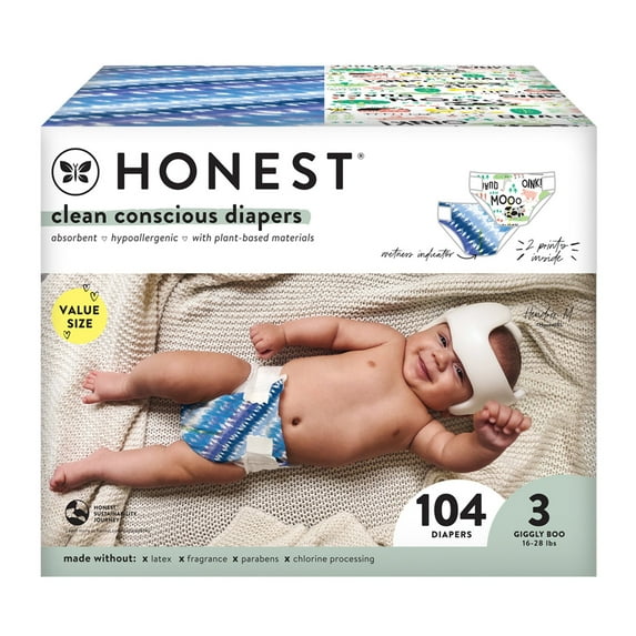 The Honest Company Clean Conscious Disposable Baby Diapers Barnyard and Tie Dye Prints Size 3 (16–28 lbs) 104 Count