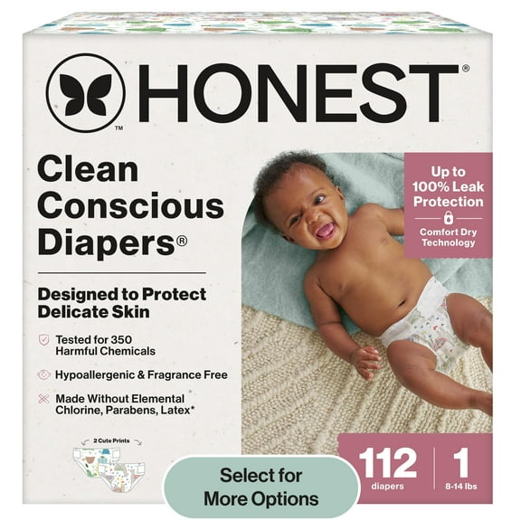 Honest® Clean Conscious Baby Diapers Size 1 (8-14 lbs), Hypoallergenic and Fragrance Free, 112 Count