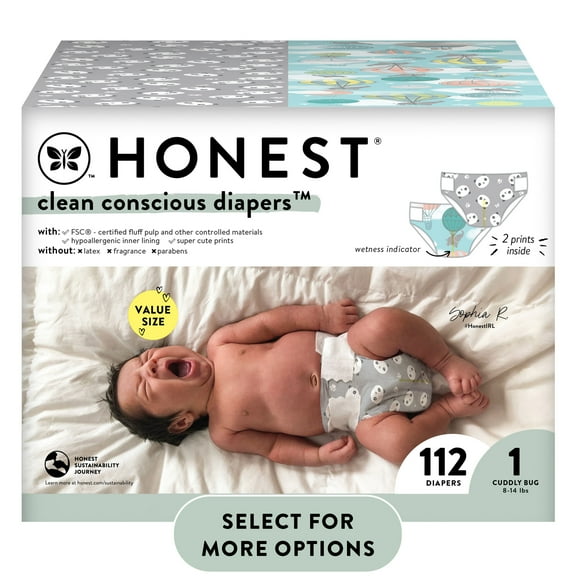 Honest® Clean Conscious Baby Diapers Size 1 (8-14 lbs), Hypoallergenic and Fragrance Free, 112 Count