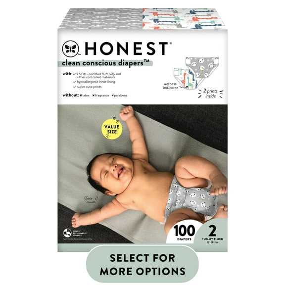 Honest® Clean Conscious Baby Diapers Size 2 (12-18 lbs), Hypoallergenic and Fragrance Free, 100 Count